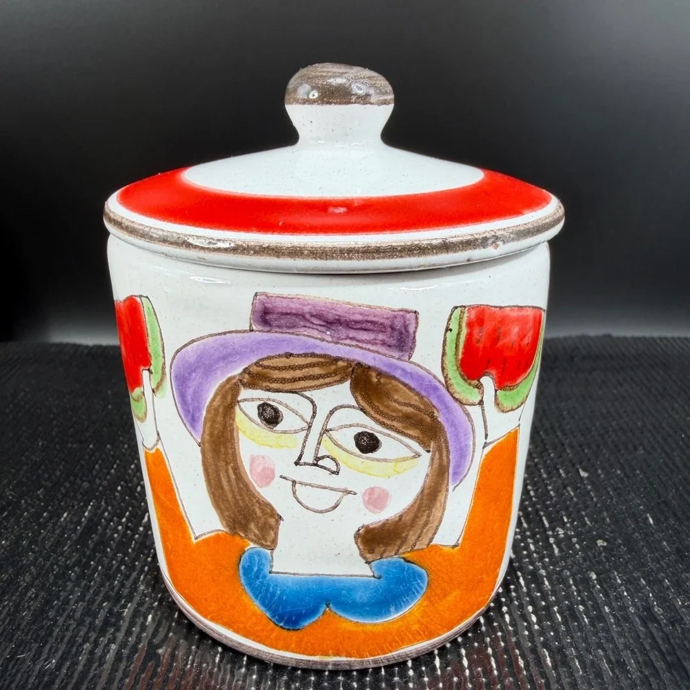 De Simone Italy Salvia Spice Jar Hand Painted Ceramic Folk Art Woman Watermelon